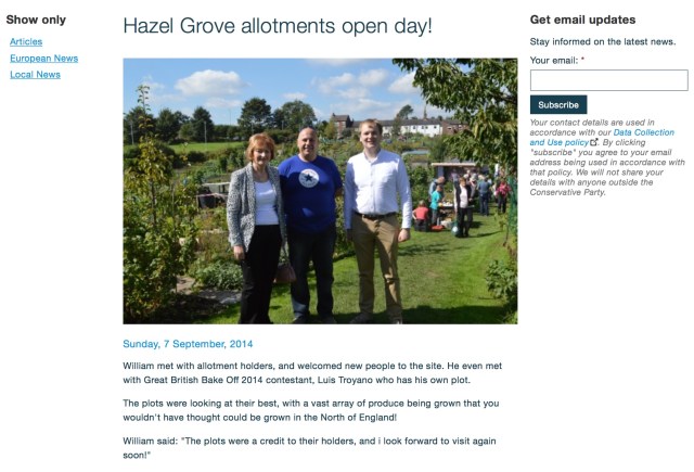  Hazel Grove Allotments Open Dy 2014 7 September, 2014 William met with allotment holders, and even met with Great British Bake Off 2014 contestant, Luis Troyano who has his own plot here.